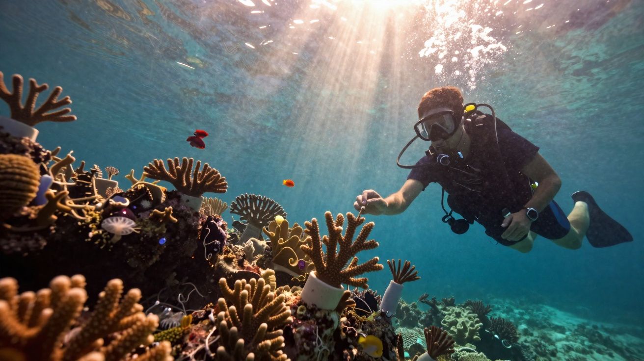 Mergulhador explora recife de coral iluminado pela luz do sol, com peixes coloridos a nadar ao redor.