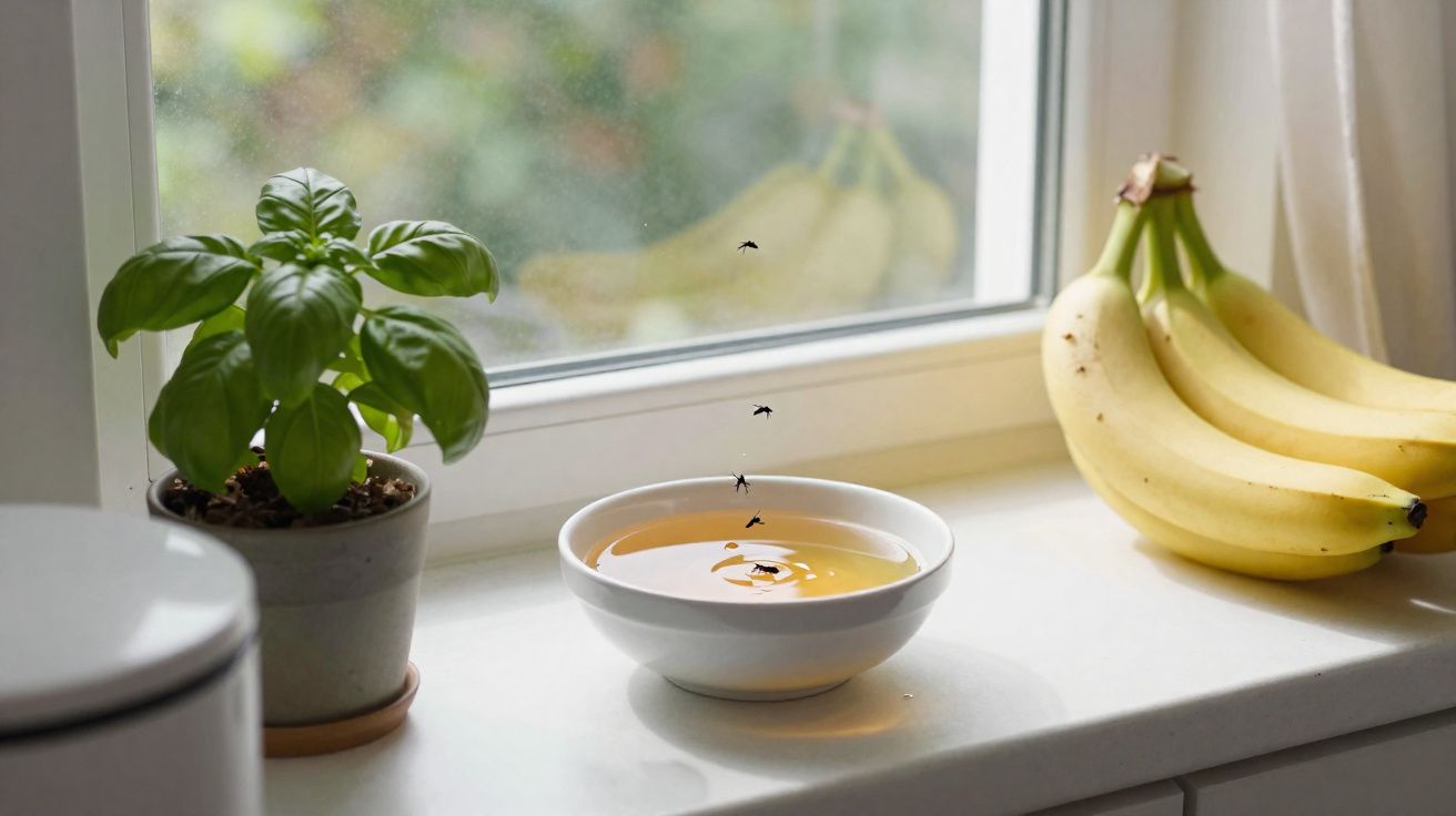 Planta de manjericão, tigela com água, cachos de bananas numa superfície branca junto a uma janela iluminada.