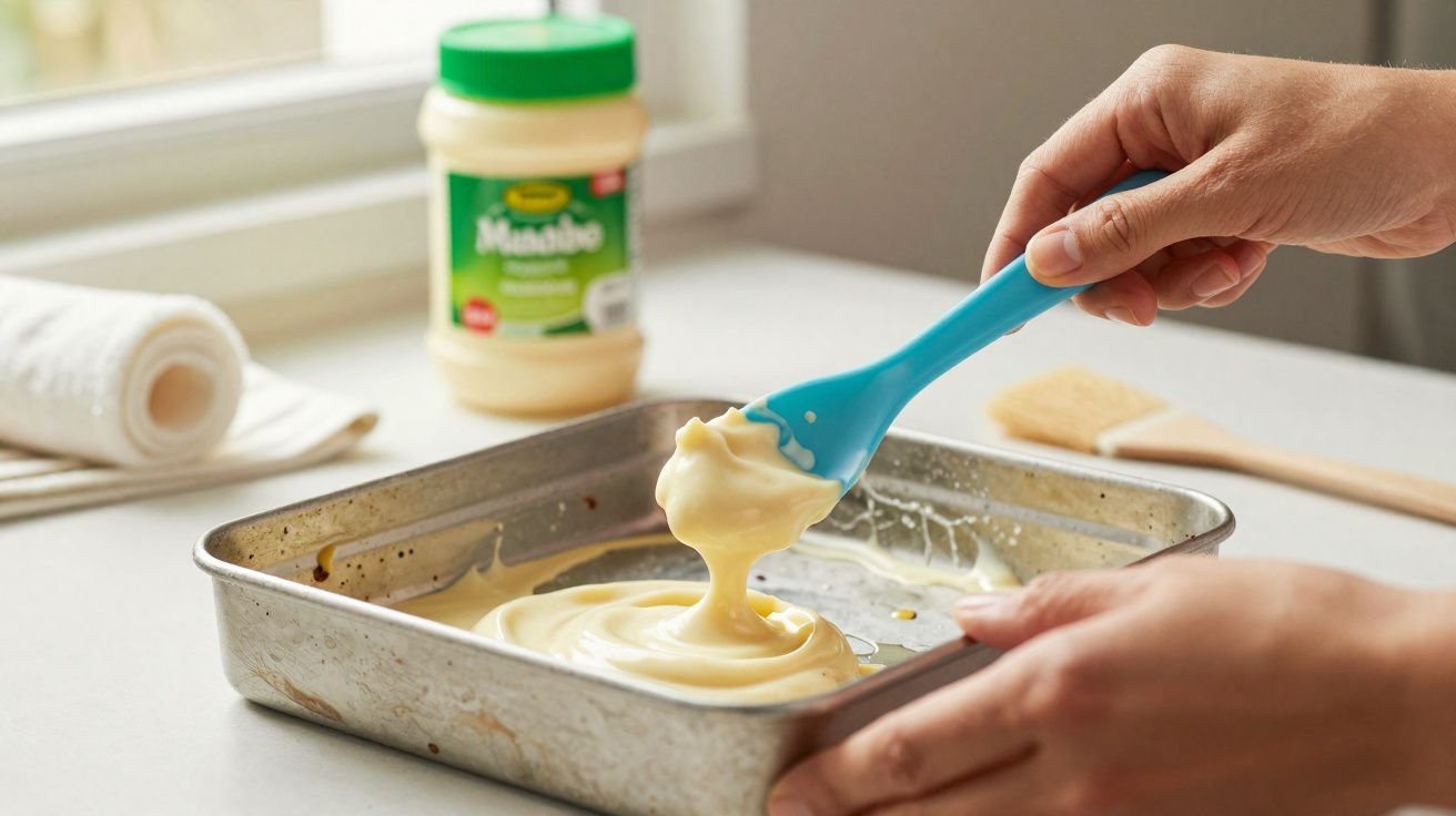 Mãos a mexer molho branco numa forma metálica com uma colher azul num balcão de cozinha.