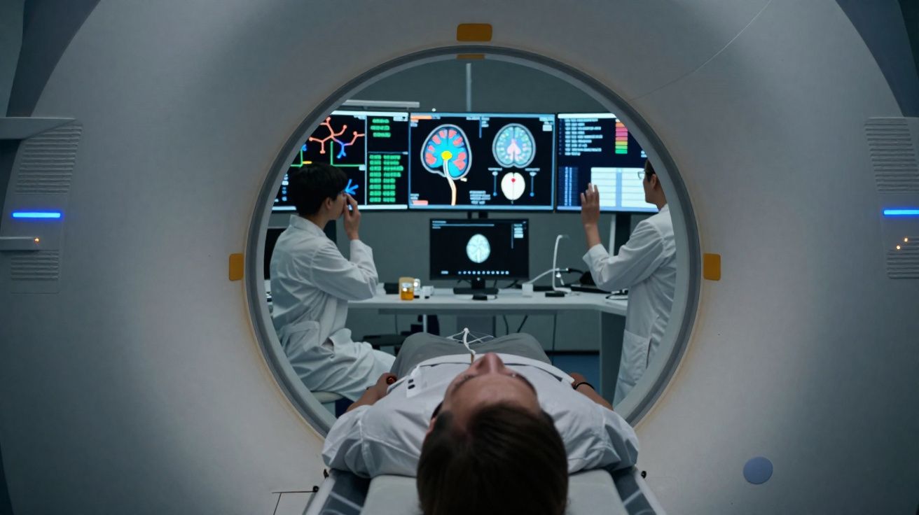 Paciente deitado em tomógrafo, enquanto técnicos analisam imagens cerebrais em monitores digitais na sala ao lado.
