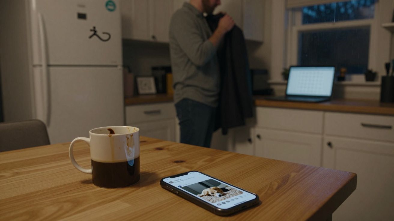 Caneca e telemóvel sobre mesa de madeira numa cozinha com homem a vestir casaco ao fundo.