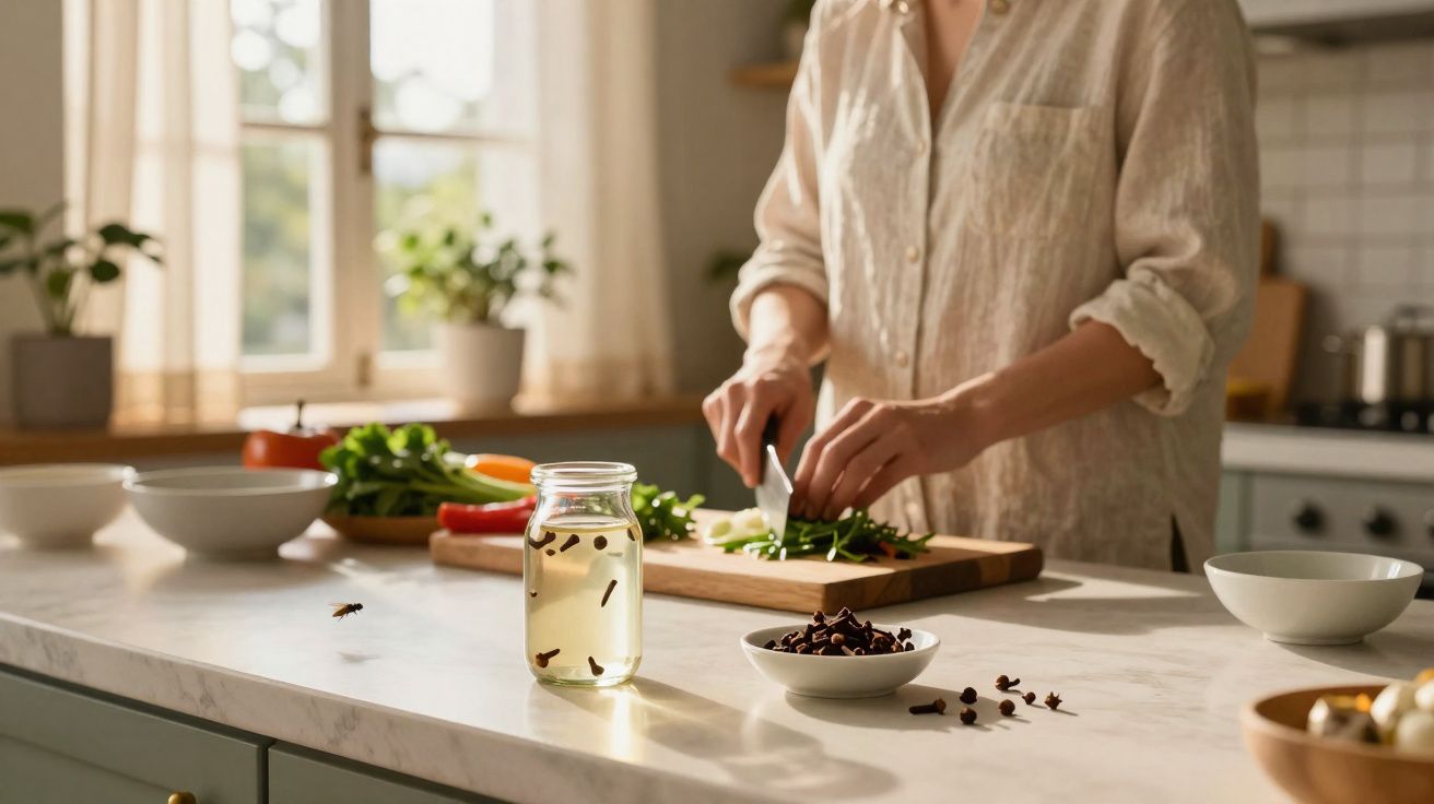 Pessoa a cortar ervas frescas numa tábua de cozinha com frascos e tigelas com especiarias à frente.