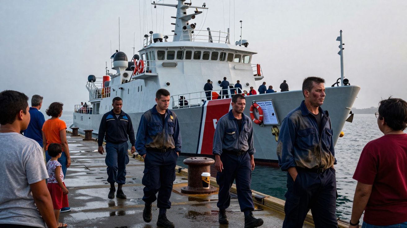 Marinha desembarca no porto com civis a observarem no cais junto a barco de patrulha branca e vermelha.