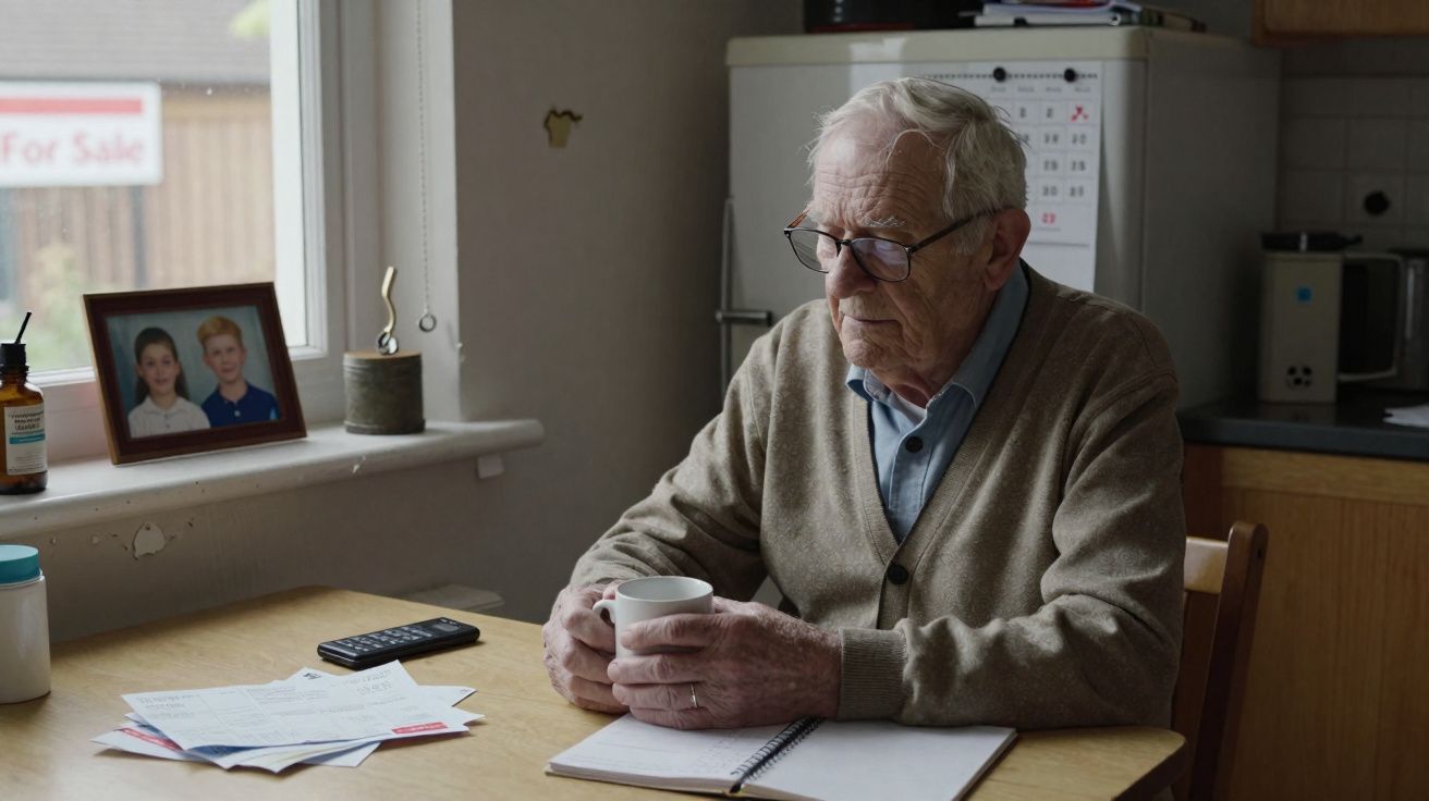 Idoso sentado à mesa com uma chávena na mão, papeis espalhados e expressão pensativa em casa.
