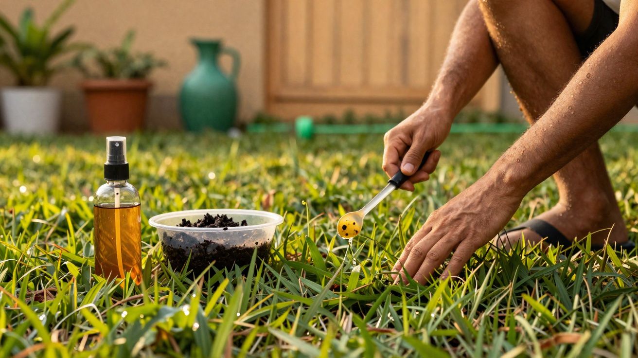 Pessoa a cuidar de plantas no jardim, com pulverizador, terra e ferramenta manual sobre relva.