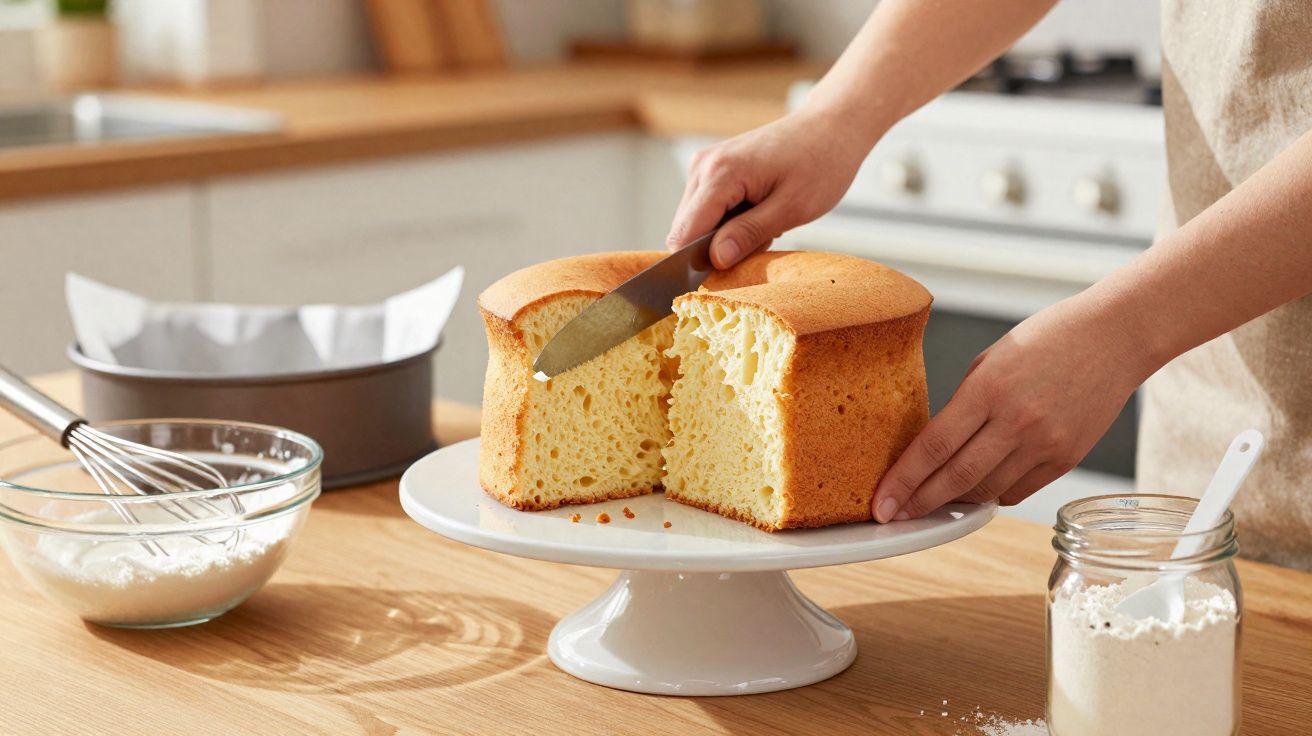 Pessoa a cortar um bolo fofo e amarelo numa bancada de cozinha com utensílios de pastelaria.