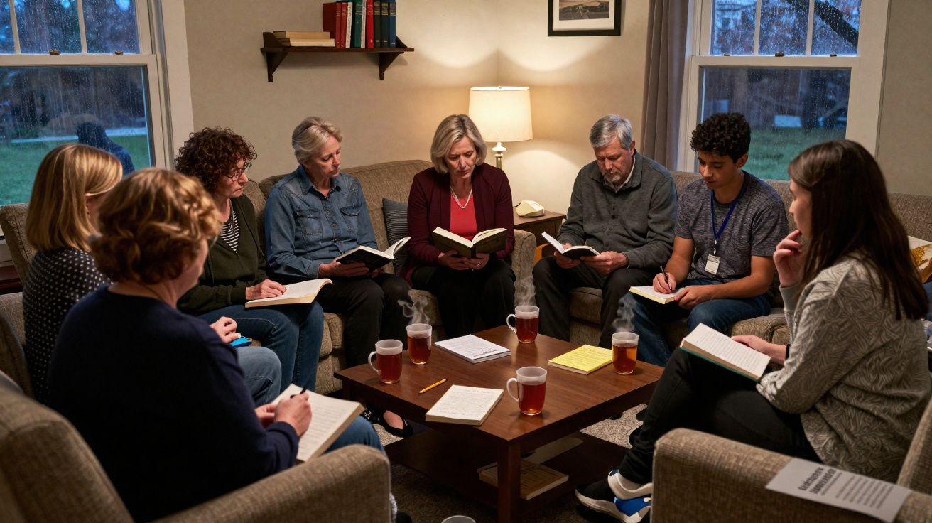 Grupo de pessoas sentadas em círculo numa sala, a ler livros e tomar notas, numa reunião descontraída.