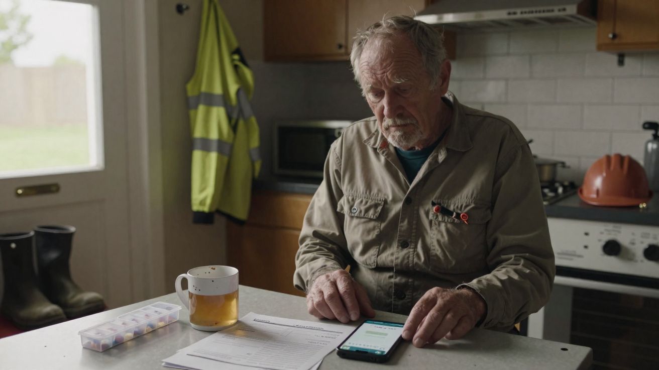 Homem idoso sentado a ler documentos e usar telemóvel numa cozinha com equipamento de proteção ao fundo.