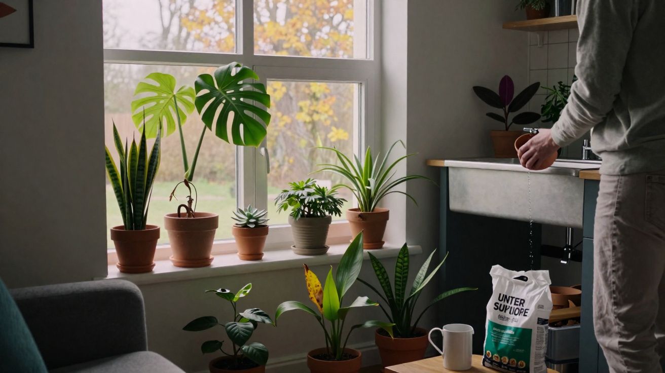 Pessoa a cuidar de plantas em vasos numa sala com janela grande e luz natural.