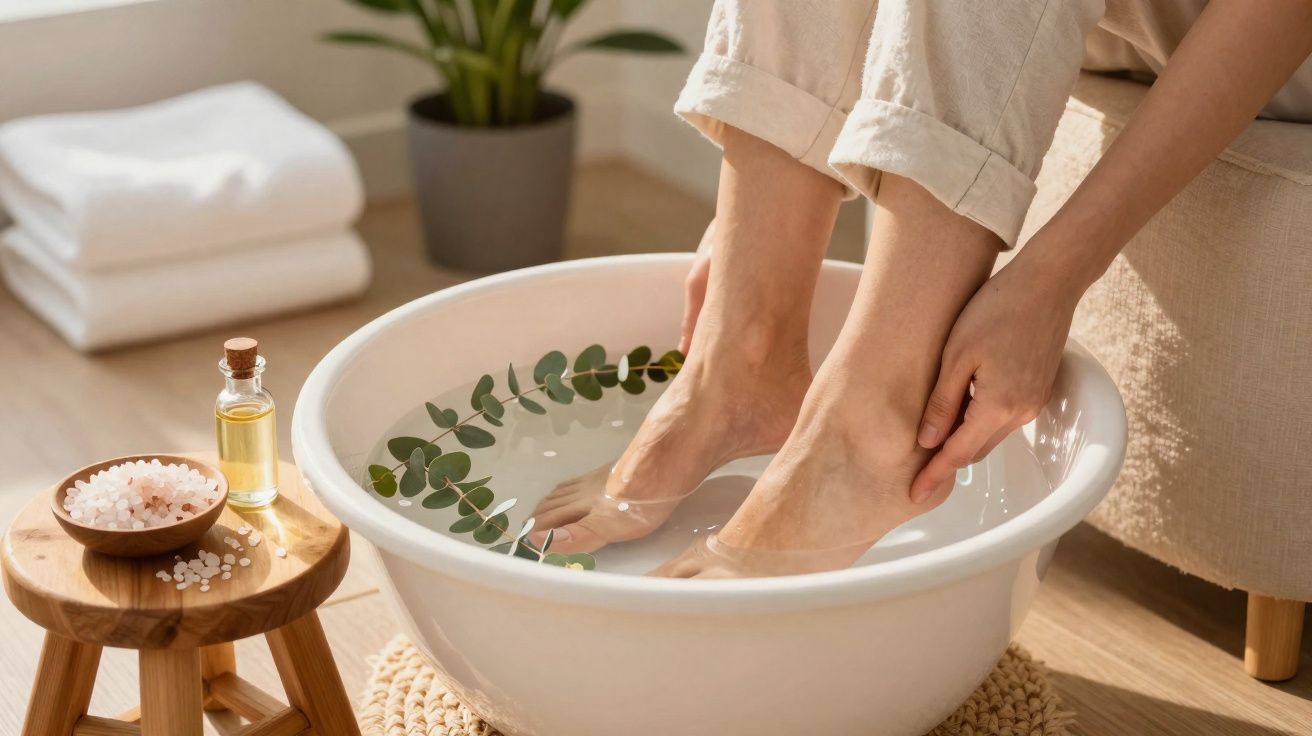 Pessoa a cuidar dos pés com imersão em água numa bacia branca, folhas verdes e acessórios de spa ao lado.