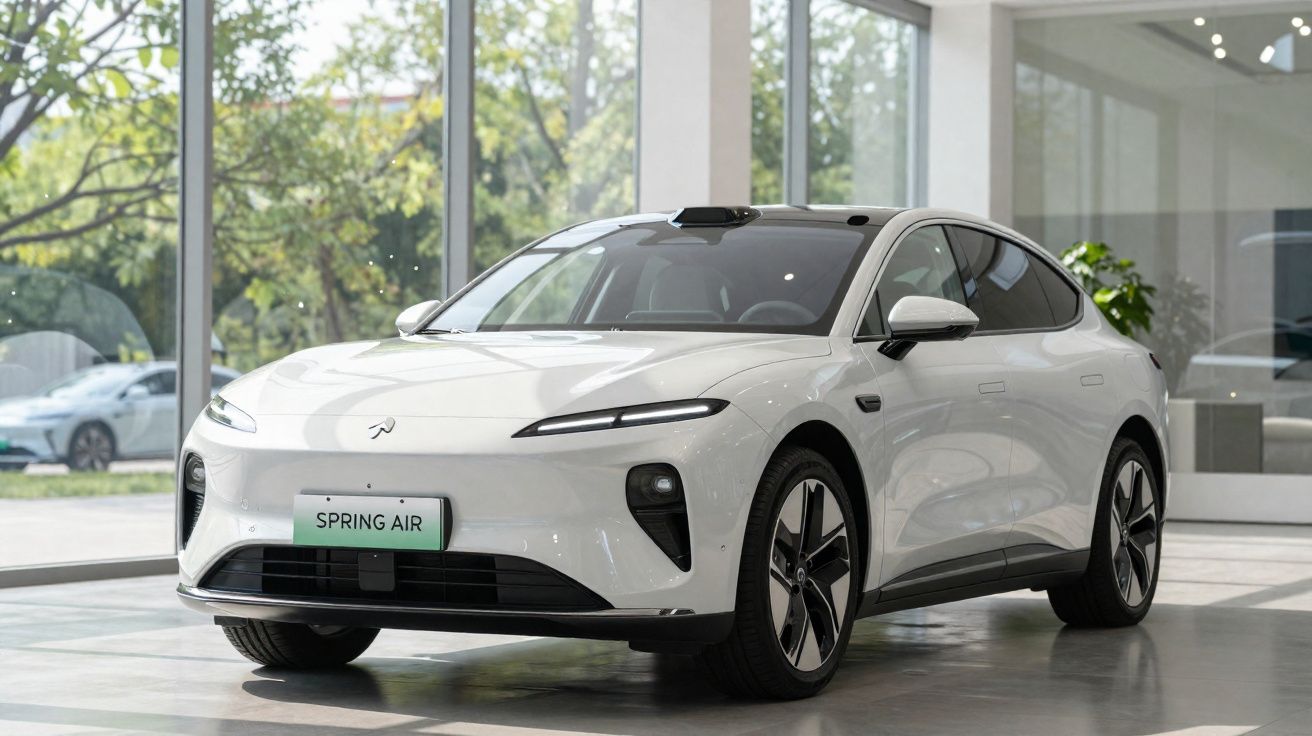 Carro elétrico branco NIO Spring Air exposto em showroom com grandes janelas e luz natural.