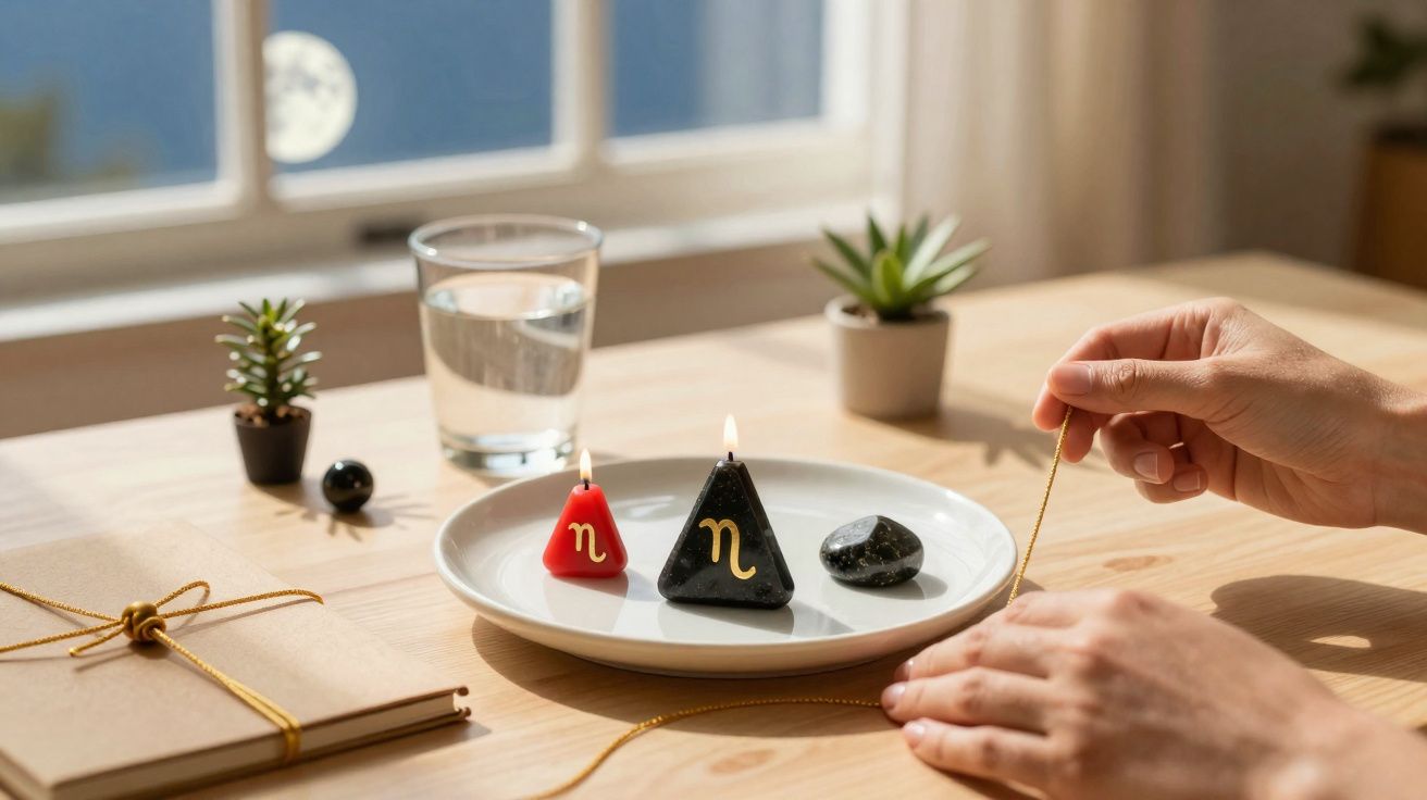 Pessoas a acender velas triangulares com símbolos dourados num prato, junto a plantas e copo de água.