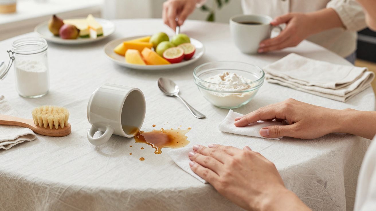 Pessoa a limpar café derramado numa mesa com toalha branca e pratos com fruta ao fundo.