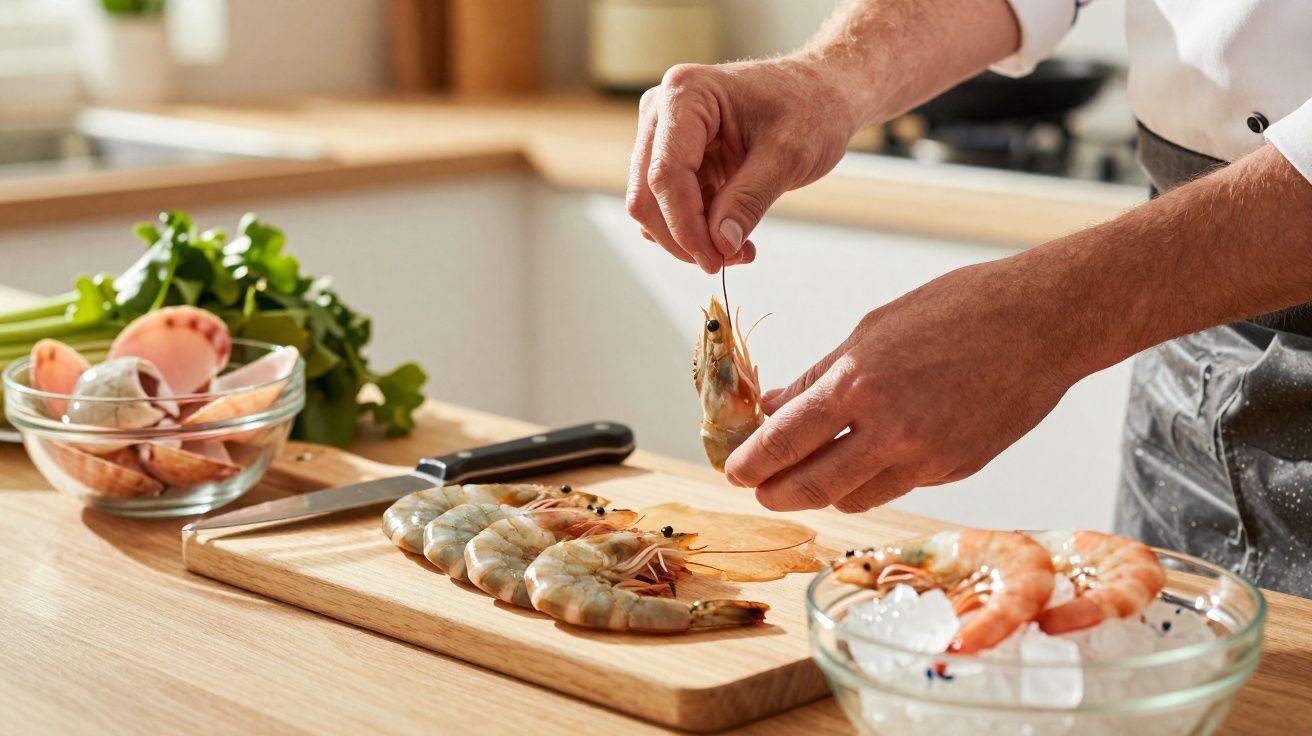 Chef a preparar camarões frescos numa tábua de cortar numa cozinha moderna e iluminada.