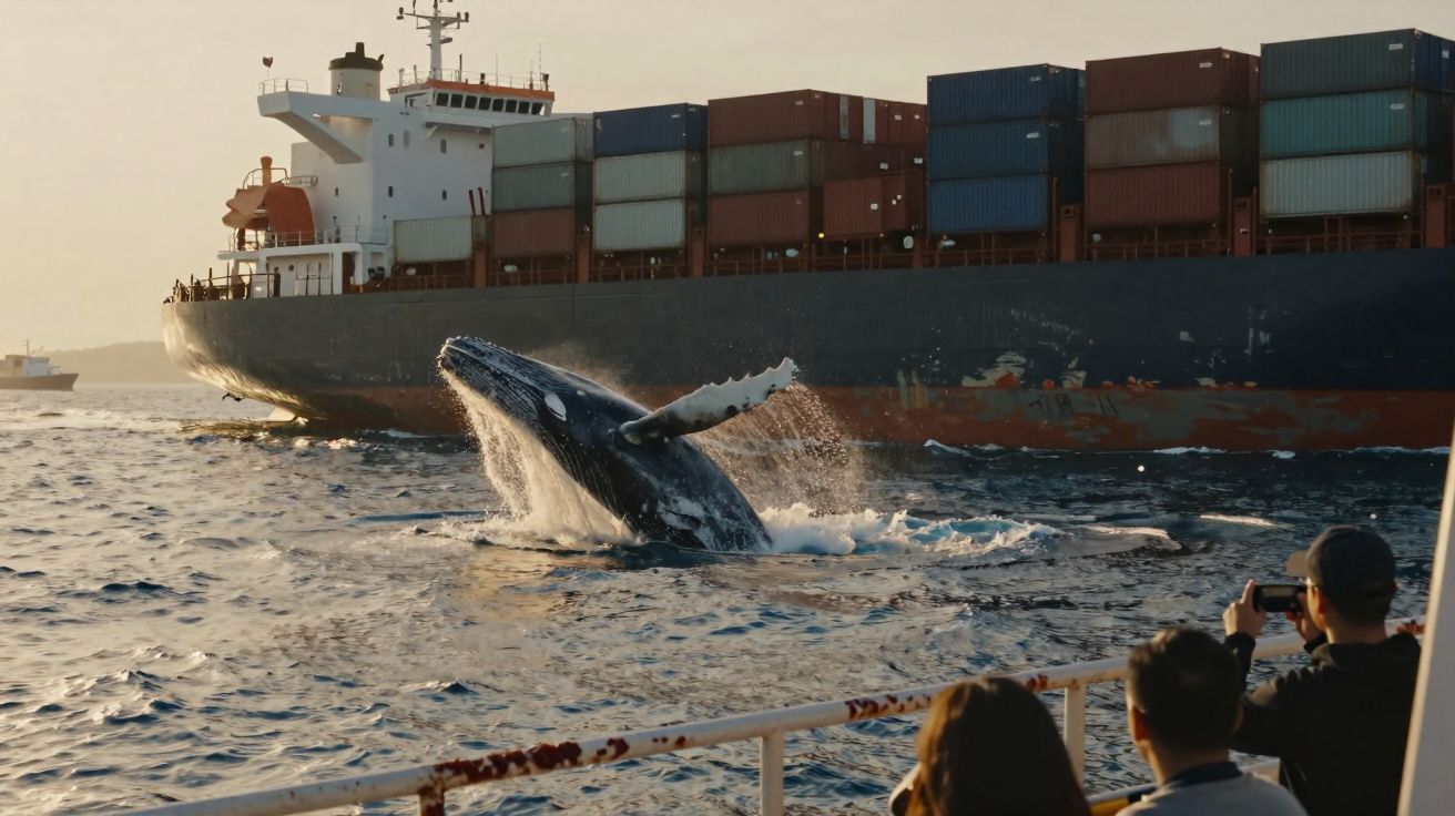 Baleia a saltar perto de um navio de carga com pessoas a observar e fotografar em primeiro plano.