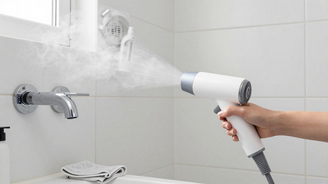 Pessoa a usar um secador para desinfetar torneira de lavatório com vapor num casa de banho branca.