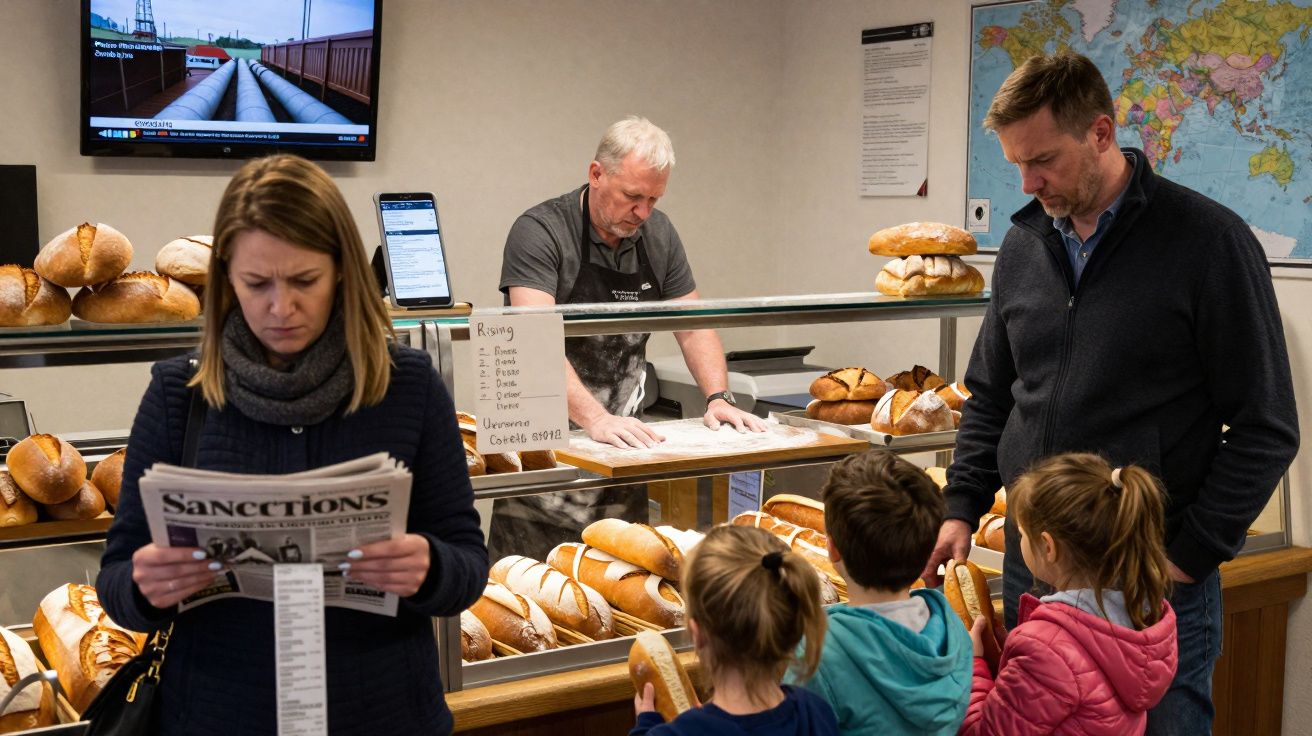 Padeiro serve pão a família com três crianças numa padaria, enquanto mulher lê jornal à frente.