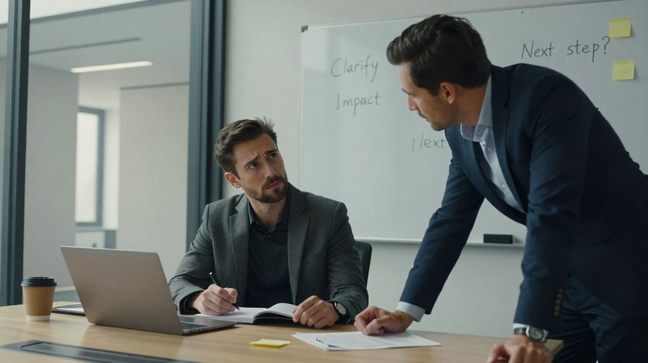 Dois homens de negócio a discutir estratégias junto a uma mesa com computador e quadro branco ao fundo.