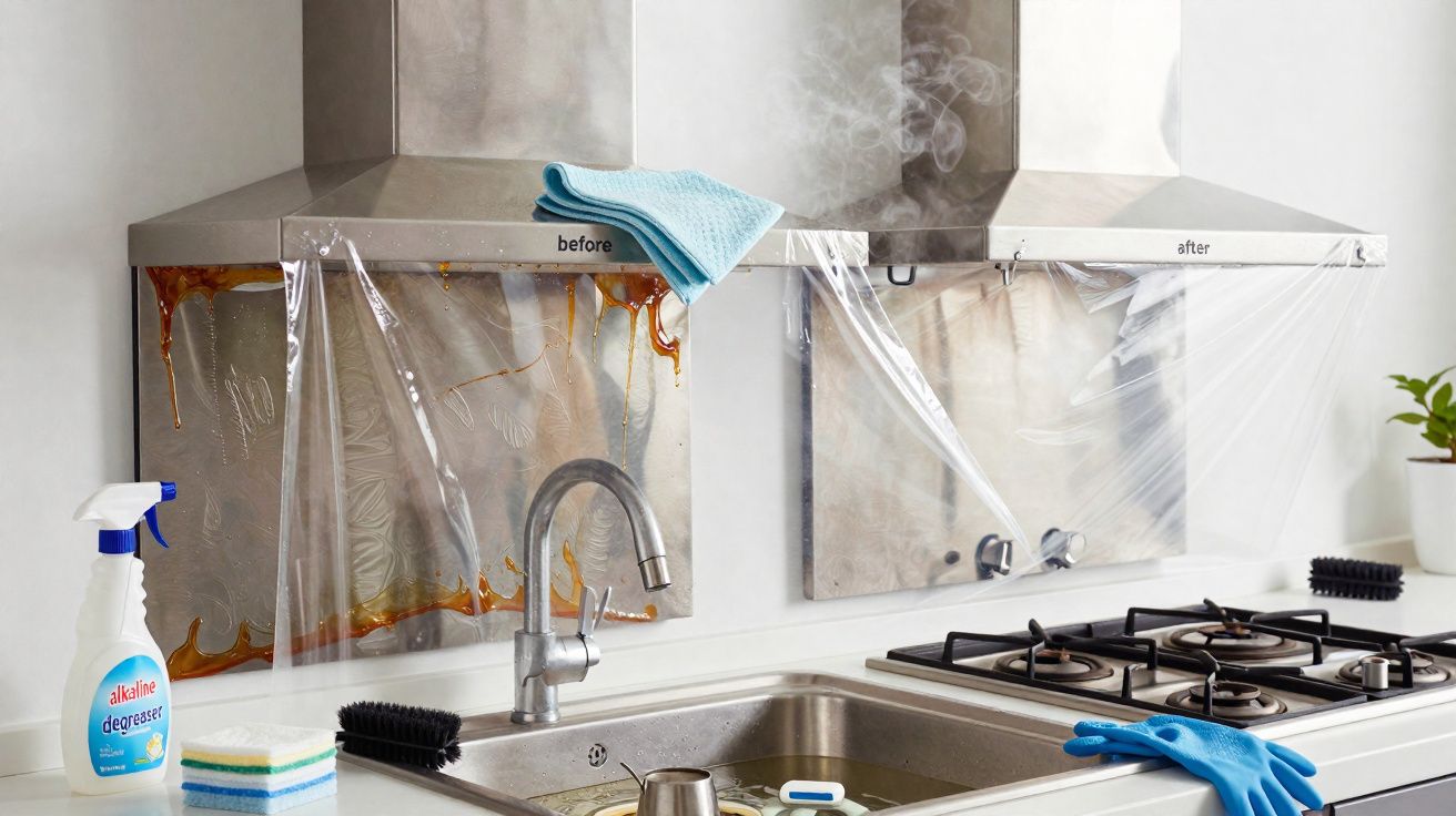 Coifa da cozinha com gordura acumulada antes e limpa depois, com utensílios de limpeza à frente.