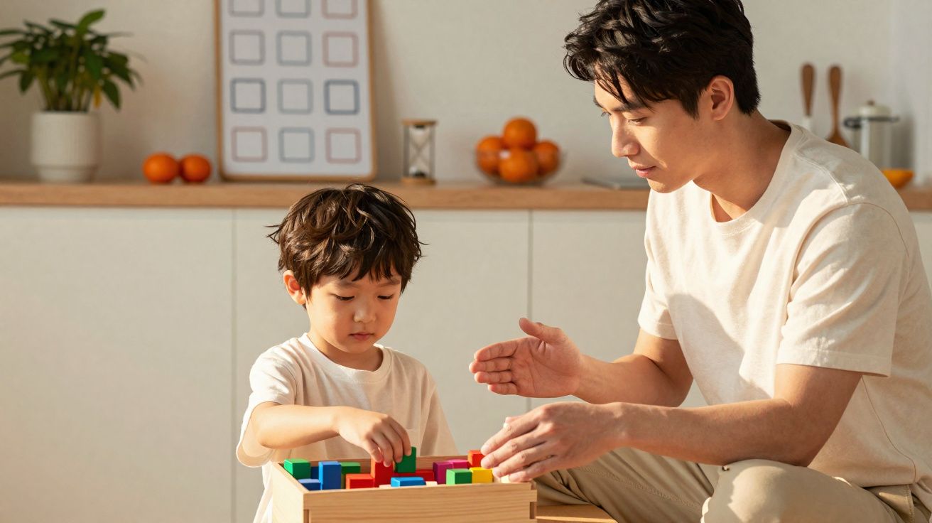 Pai e filho a brincar com blocos de construção coloridos numa sala iluminada.
