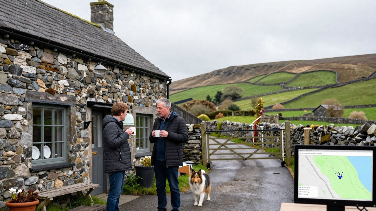 Duas pessoas conversam em frente a uma casa de pedra com cão, campo verde e colinas ao fundo.