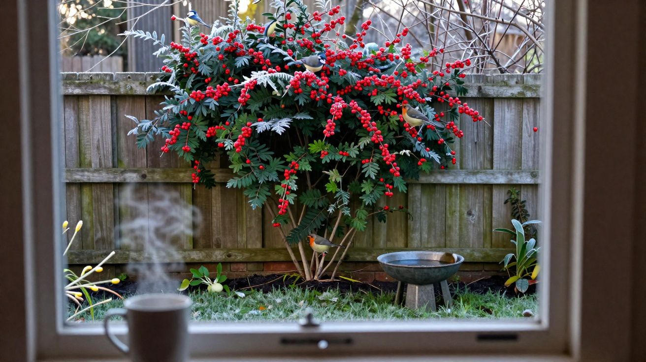 Vista através de uma janela para um jardim com árvore de frutos vermelhos e pássaros, chávena de chá fumegante em primeiro pl