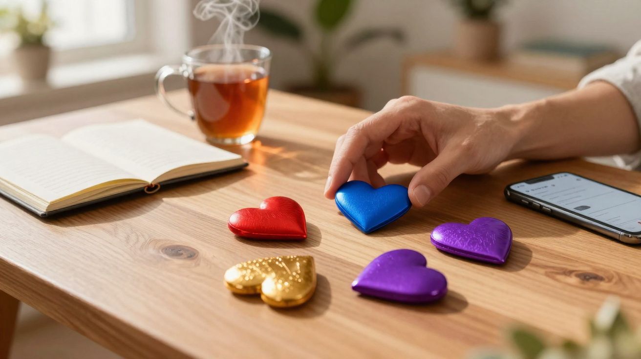 Mesa de madeira com mãos a pegar coração azul, corações coloridos, chá quente, livro aberto e telemóvel.