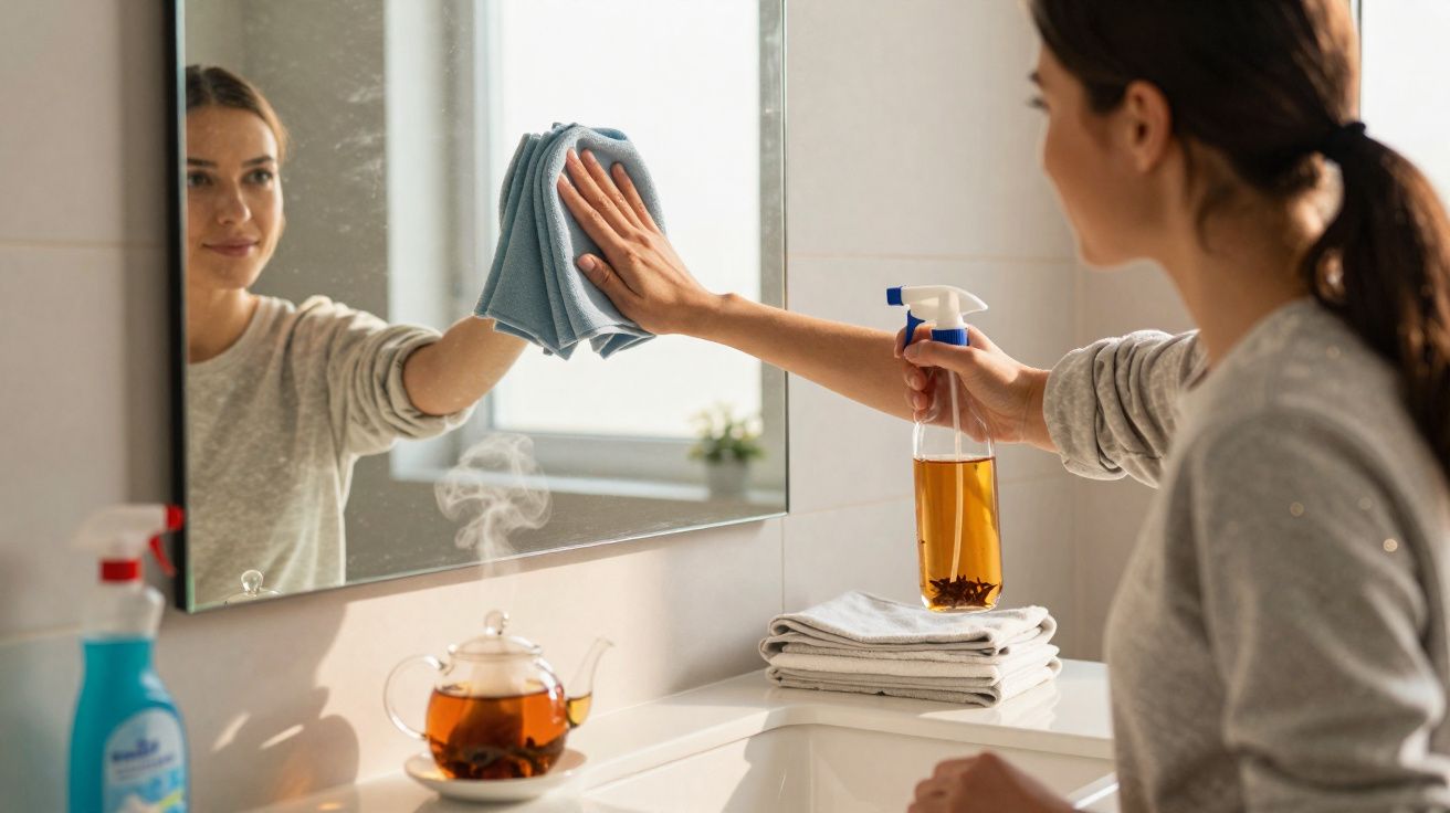 Mulher a limpar um espelho com um pano azul e um spray de limpeza no lavabo.