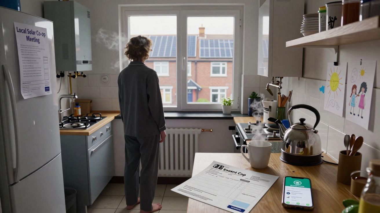 Pessoa de pijama na cozinha, olhando pela janela para casas com painéis solares, com documentos e smartphone na bancada.