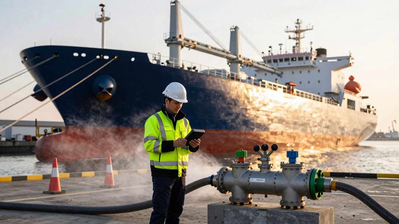 Trabalhador portuário em colete refletor e capacete verifica equipamentos junto a navio cargueiro no cais.