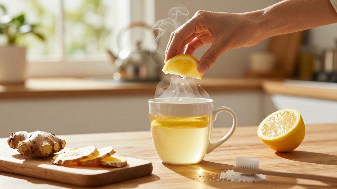 Mão a espremer limão numa chávena de chá quente com gengibre fatiado numa tábua numa cozinha iluminada.