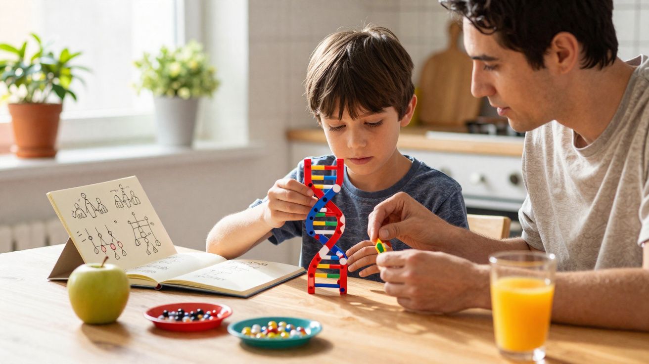 Criança e adulto a montar modelo de ADN colorido numa mesa com livro e fruta, numa cozinha iluminada.