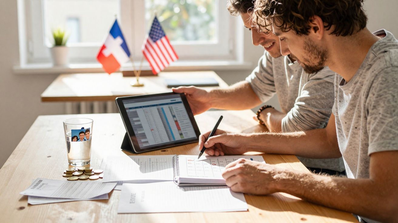 Dois homens a trabalhar em documentos com tablet numa mesa, com bandeiras da França e dos EUA ao fundo.