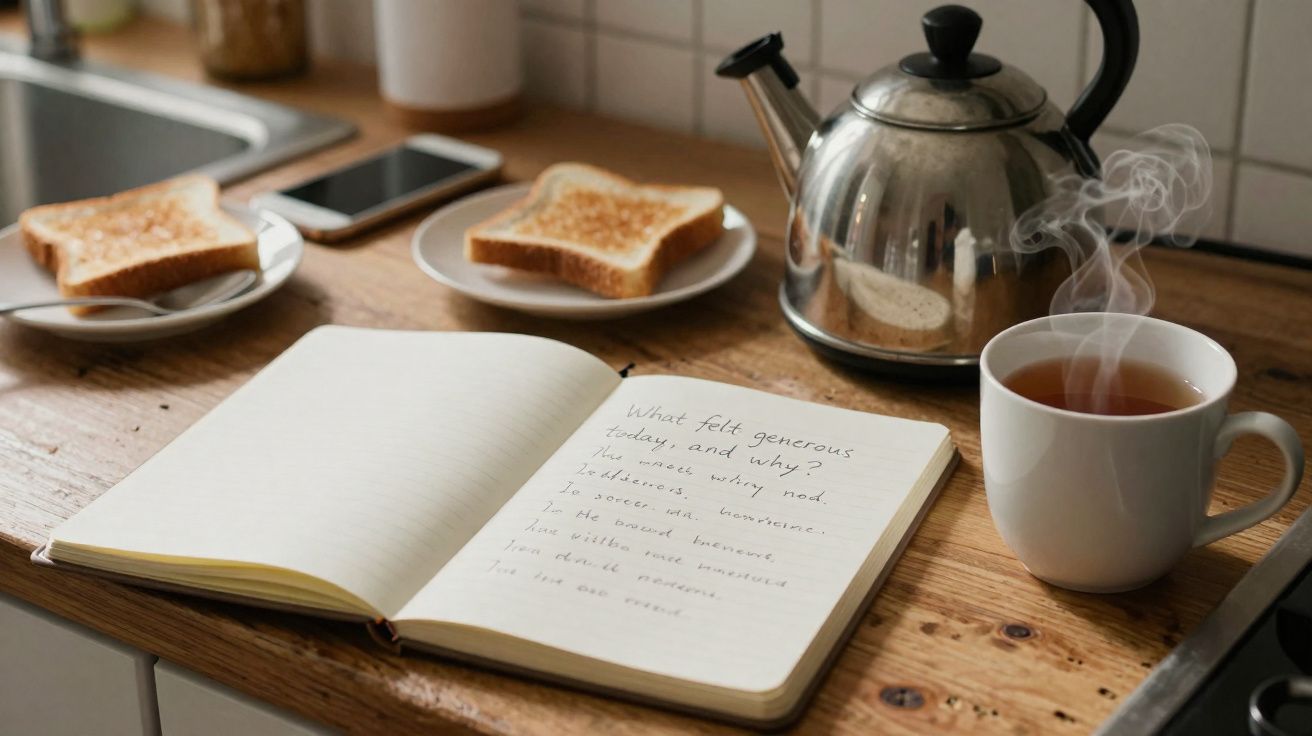 Mesa de cozinha com chá fumegante, chaleira, duas torradas e um caderno aberto com escrita à mão.