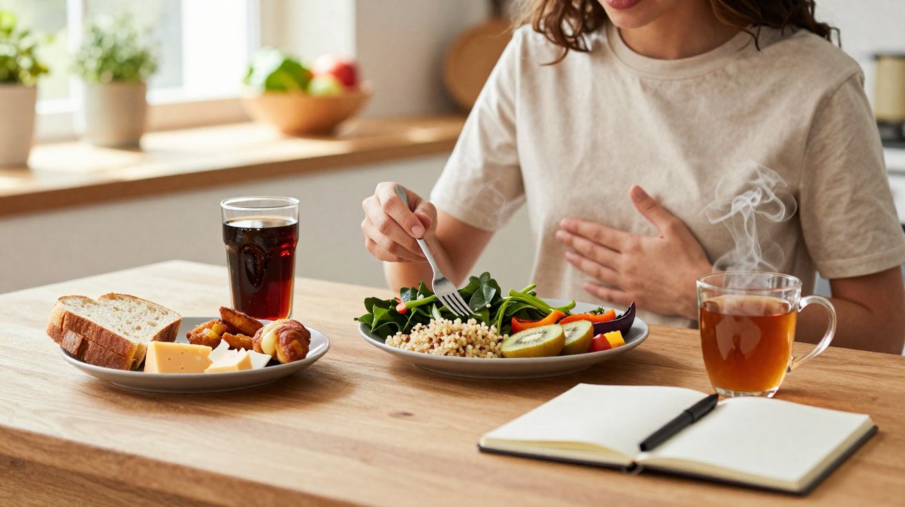Mulher sentada à mesa com dores de estômago, com comida saudável e chá quente à frente.
