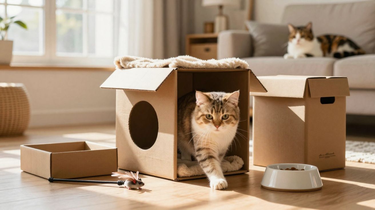 Gato cinzento a sair de uma caixa de cartão com outra caixa, brinquedo e tigela de comida numa sala iluminada.