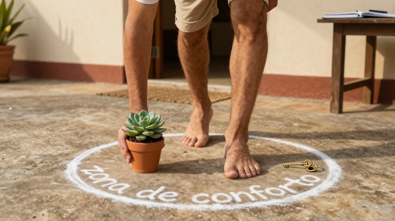 Pessoa descalça dentro de círculo branco no chão com planta e chave, simbolizando zona de conforto.