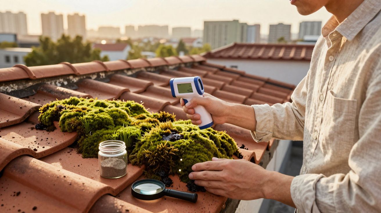 Pessoa a medir temperatura de musgo num telhado com termómetro digital, lupa e frasco com amostra.
