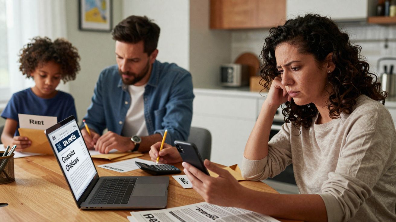 Família preocupada a gerir finanças domésticas com computador, papelada e smartphone numa mesa de cozinha.