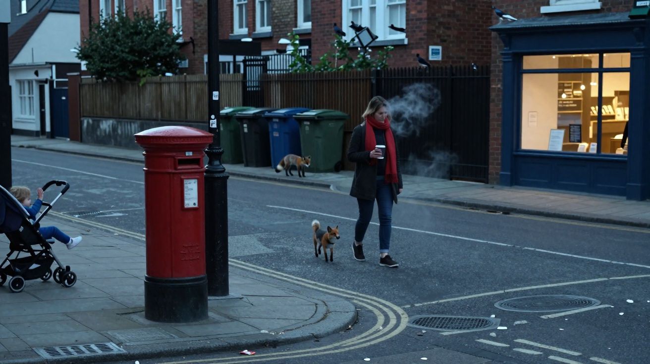 Mulher a caminhar na rua com um cão, segurando uma bebida quente, enquanto uma criança está num carrinho à esquerda.