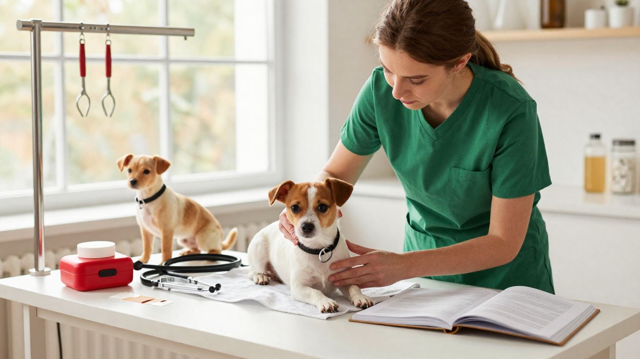 Veterinária a examinar dois cães num consultório veterinário com livros abertos na mesa.
