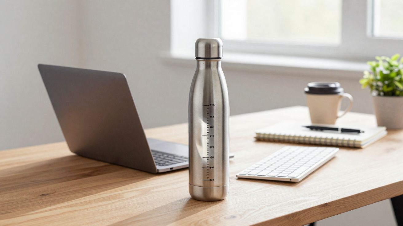 Garrafa de metal prateada em secretária com portátil, teclado, bloco de notas, caneta, chávena e planta.