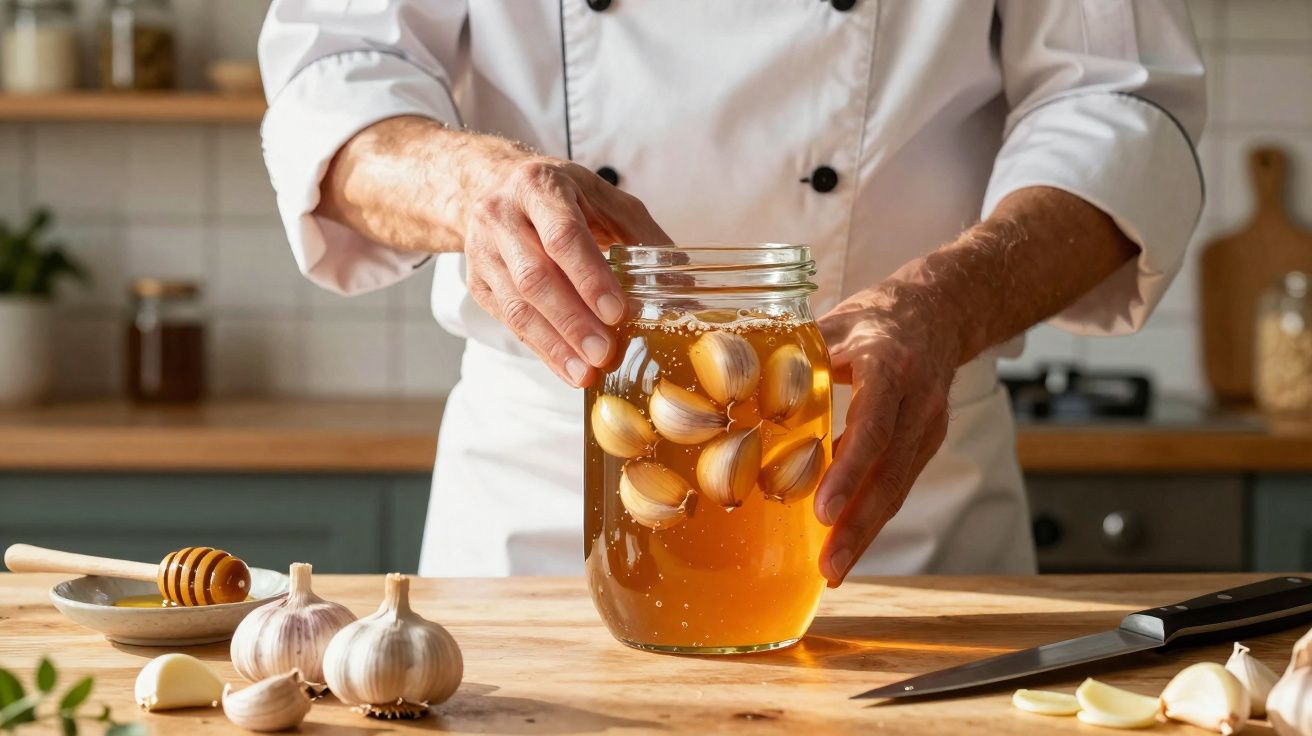 Chef segura um frasco com dentes de alho mergulhados em líquido âmbar na cozinha.