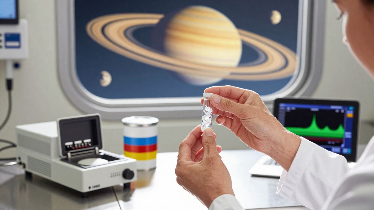 Pessoa segurando um tubo de ensaio num laboratório com um computador e decoração do sistema solar.