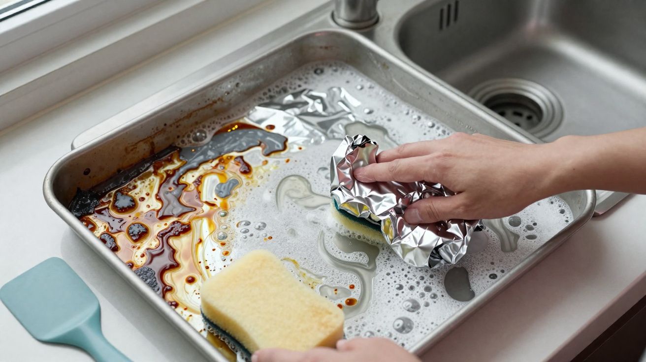 Pessoa a lavar tabuleiro com sujidade e saco de alumínio, perto de esponja e utensílio azul, numa pia.