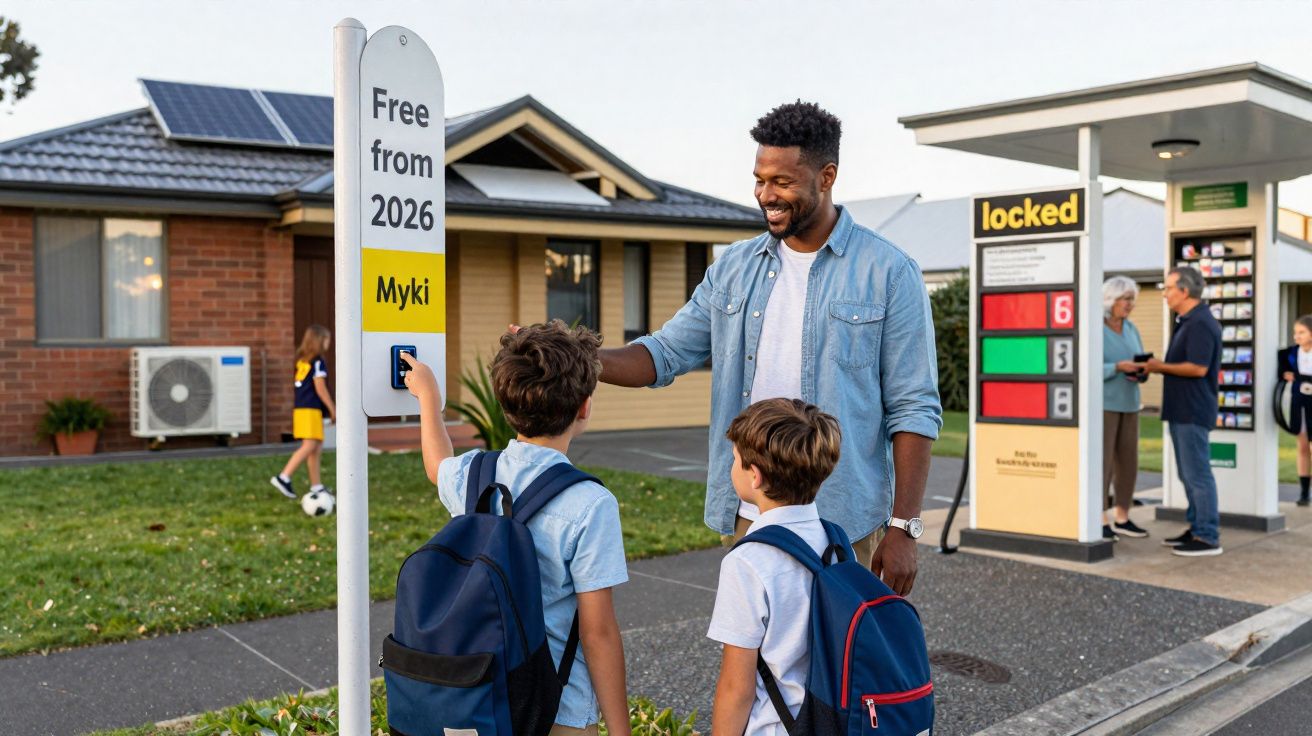 Homem sorri enquanto duas crianças com mochilas usam um leitor de cartão num posto de transporte público suburbano.