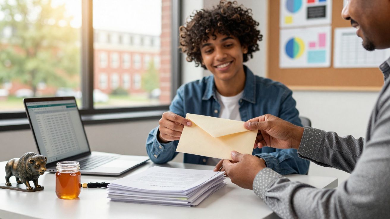 Pessoa a receber envelope de outra durante reunião com documentos e portátil numa mesa.