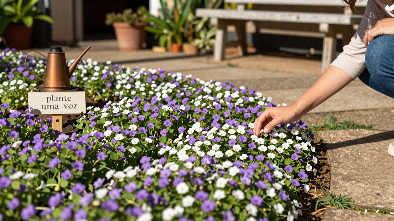 Pessoa apanha flor em canteiro com flores brancas e roxas perto de placa "plante uma voz" e regador de cobre.