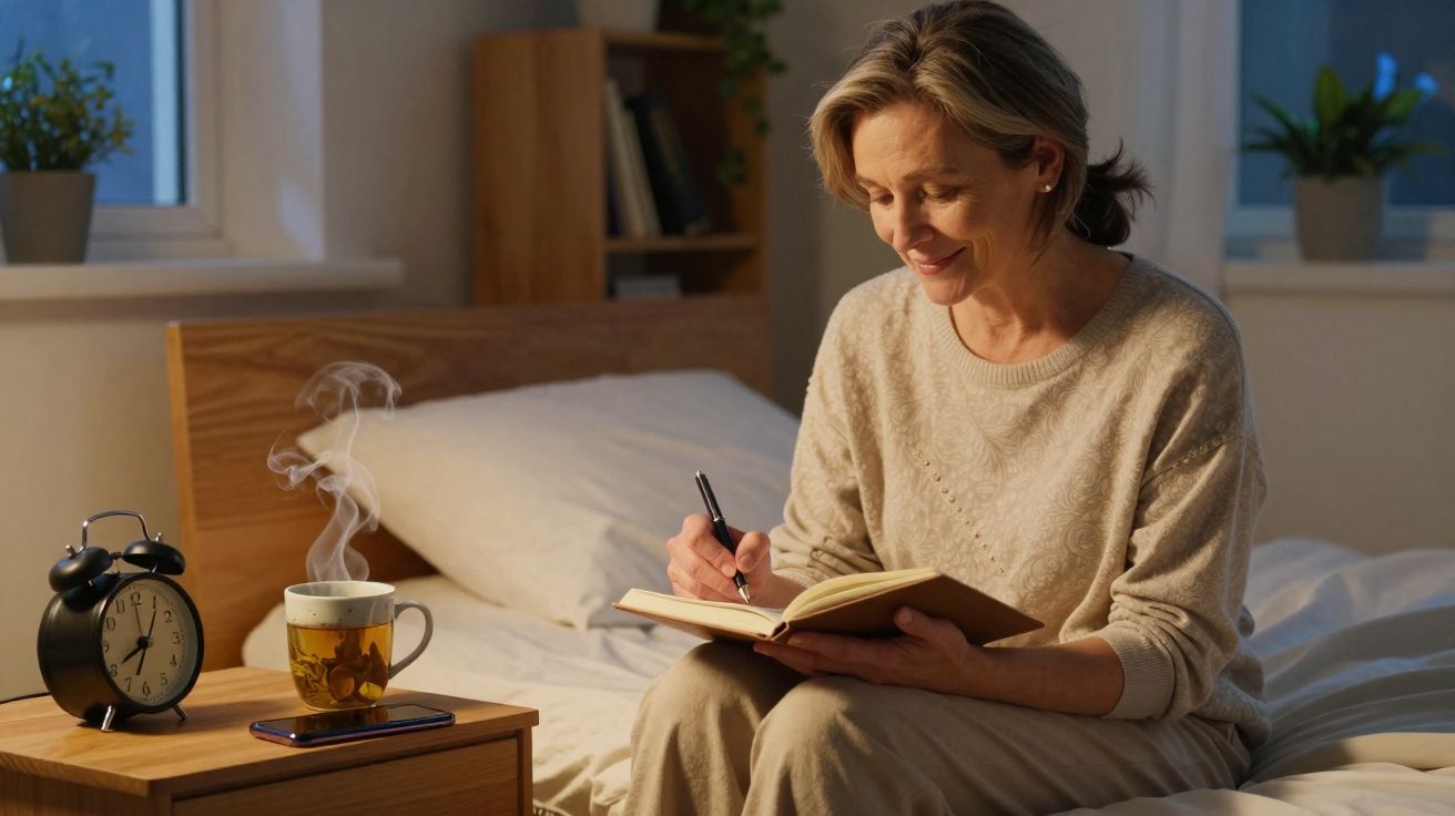 Mulher sorridente escreve num diário sentada na cama ao amanhecer, com chá quente e despertador na mesa ao lado.