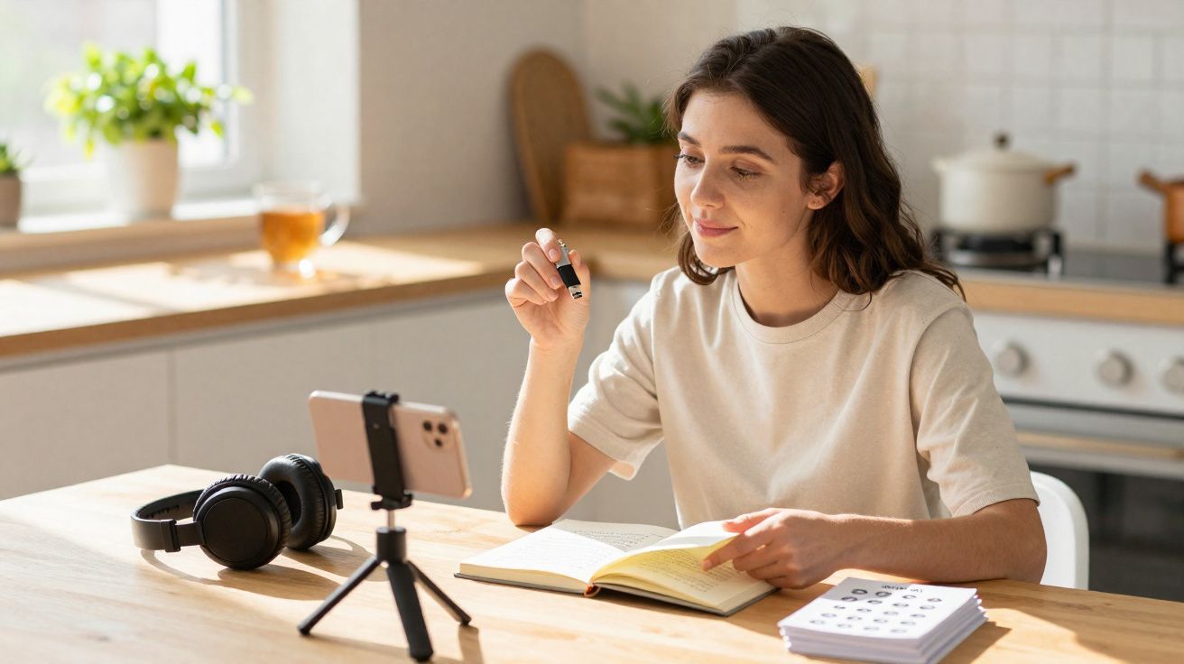 Jovem sentada à mesa em cozinha a gravar vídeo com smartphone, lendo livro e apontando para o texto.